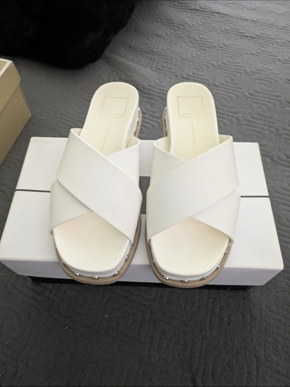 Dolce Vita White Crisscross Studded Platform Slides - Picture 2 of 4